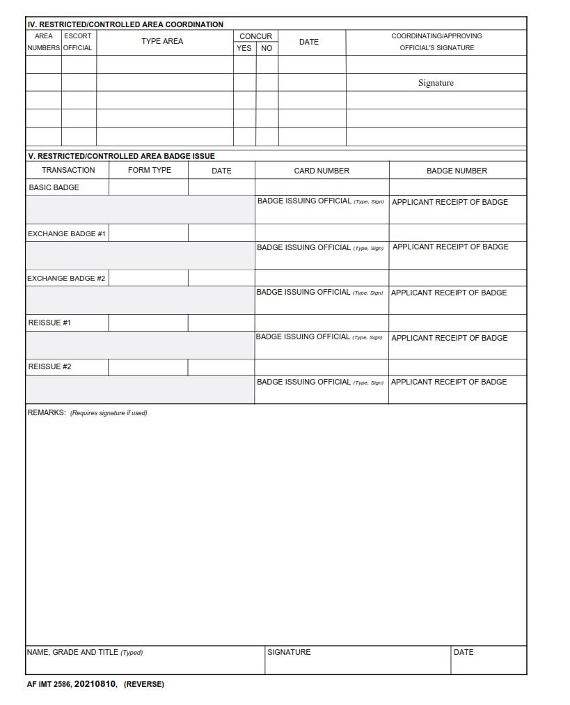 AF Form 2586 - Unescorted Entry Authorization Certificate Part 2