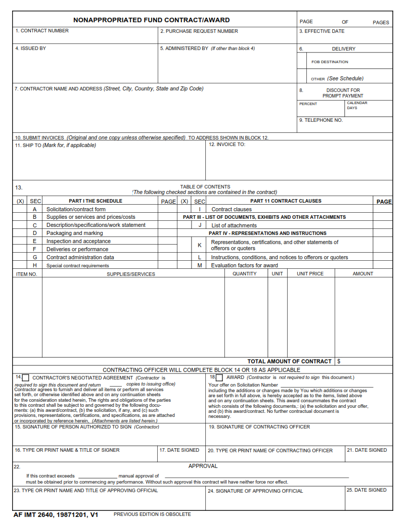 AF Form 2640 - Nonappropriated Fund Contract Award (PDF)