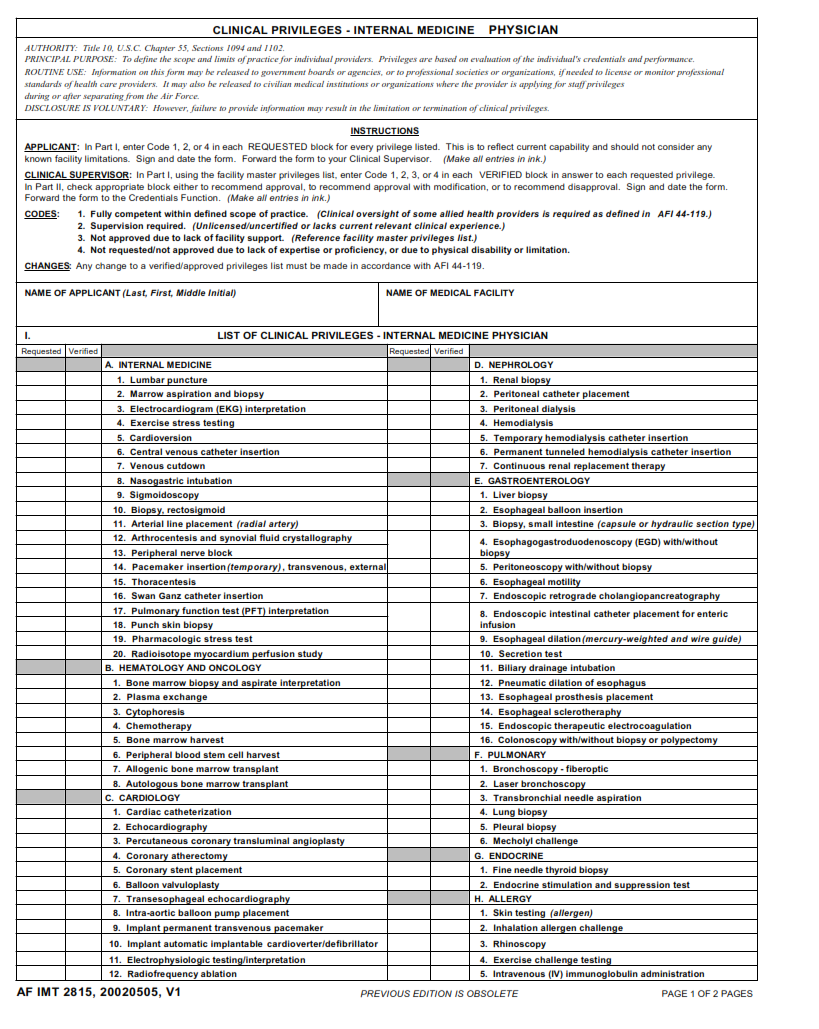 AF Form 2815 – Clinical Privileges – Internal Medicine Physician ...