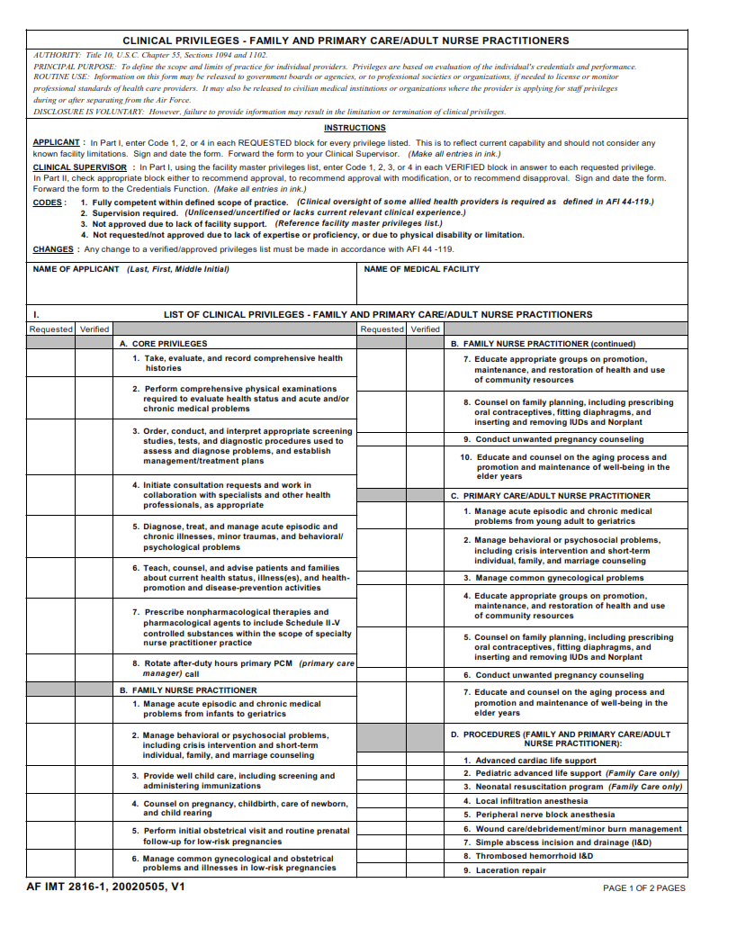 AF Form 2816 1 Clinical Privileges Family And Primary Care Adult