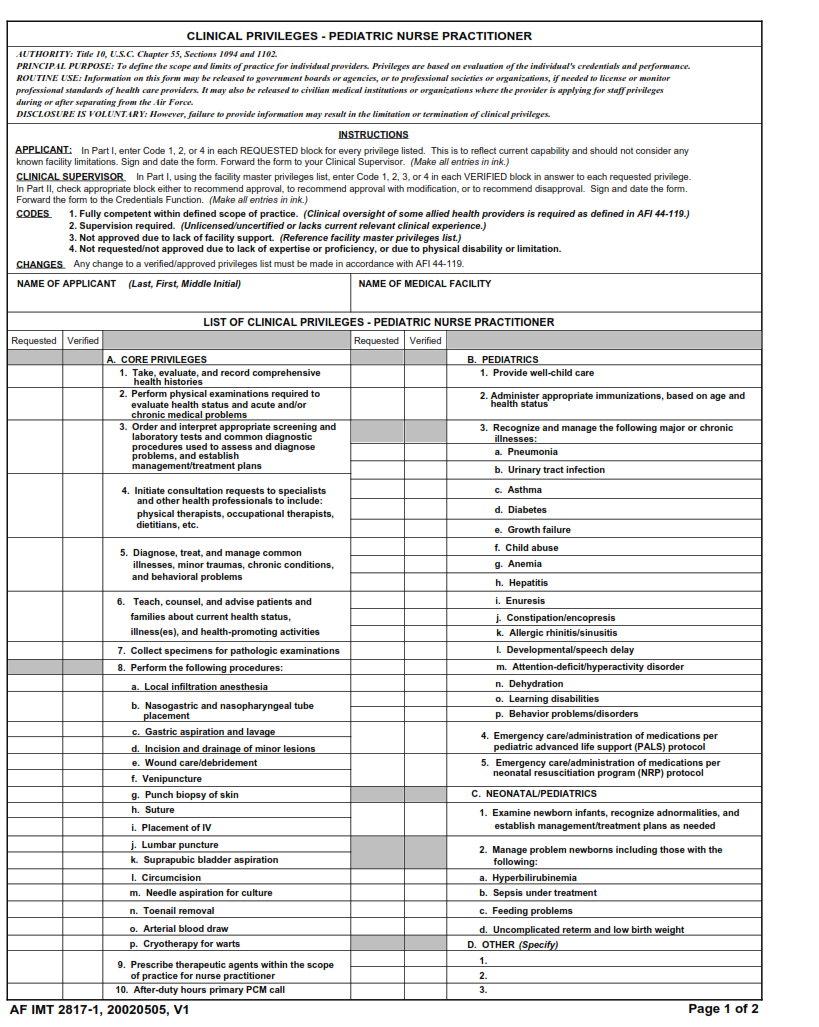 AF Form 2817-1 - Clinical Privileges - Pediatric Nurse Practitioner Part 1