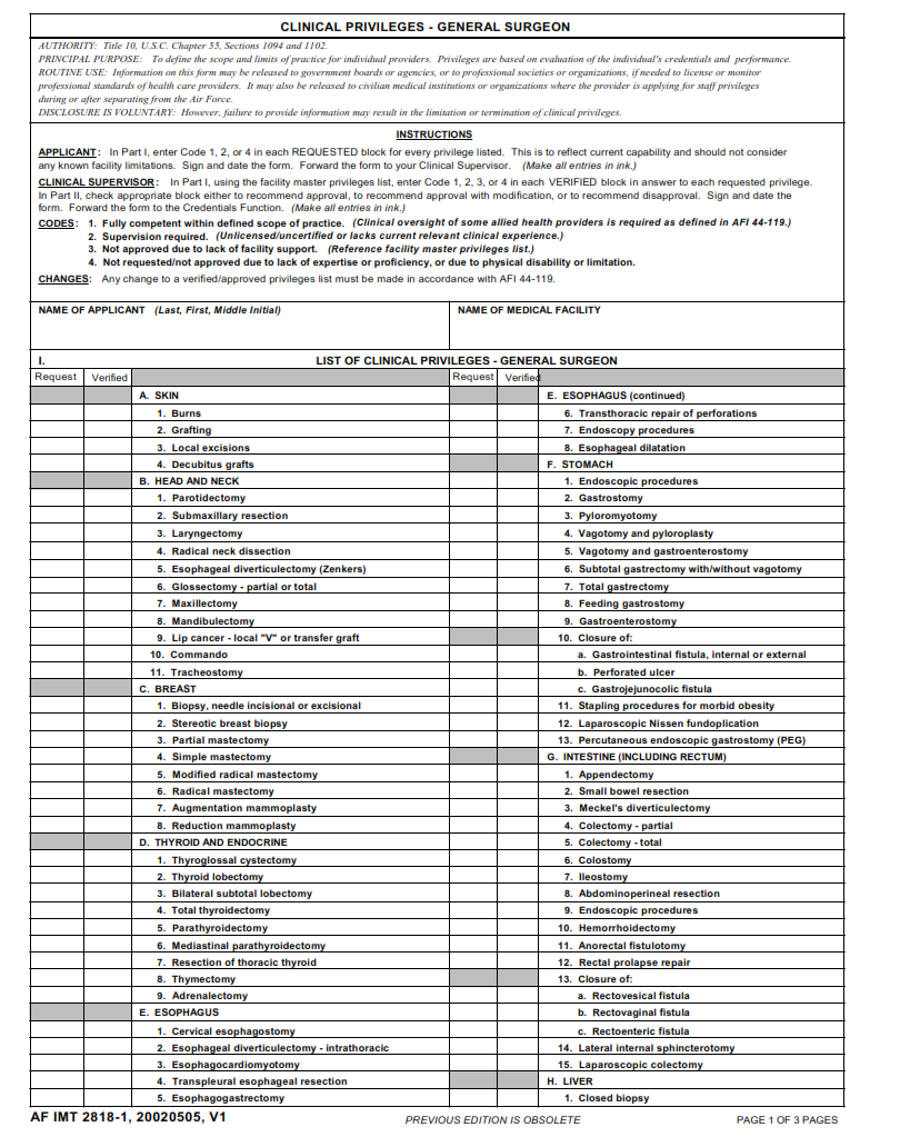 AF Form 2818-1 – Clinical Privileges – General Surgeon | Finder Doc