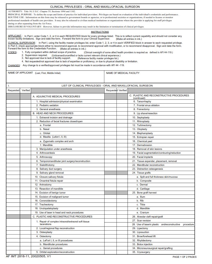 AF Form 2818-11 - Clinical Privileges – Oral And Maxillofacial Surgeon Part 1