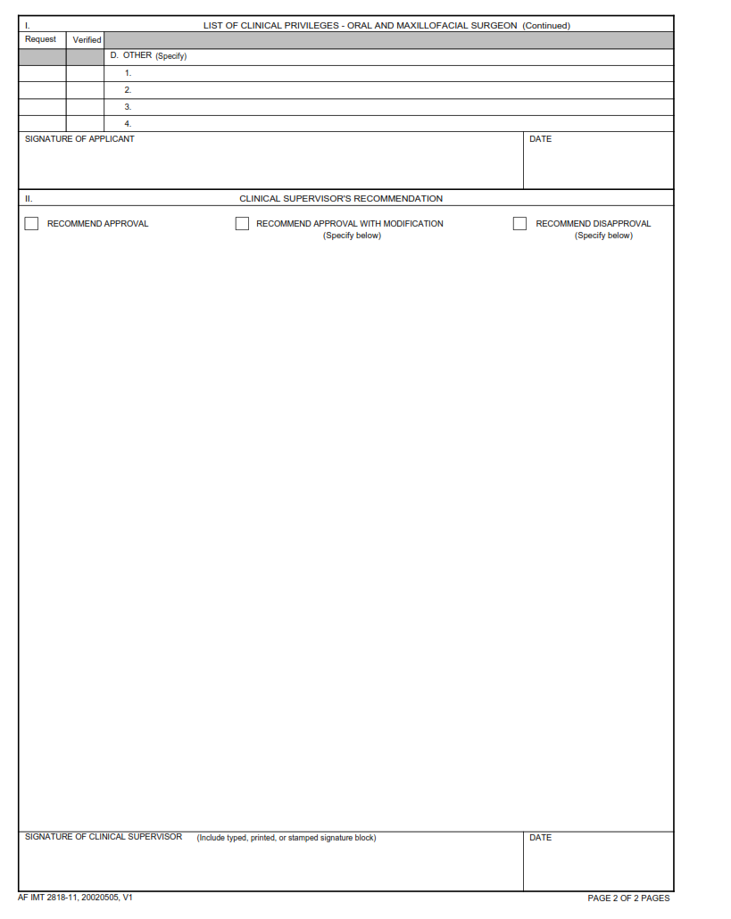 AF Form 2818-11 - Clinical Privileges – Oral And Maxillofacial Surgeon Part 2
