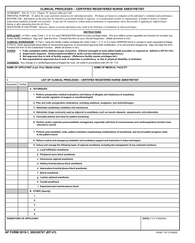 AF Form 2819-1 - Clinical Privileges – Certified Registered Nurse Anesthetist Part 1