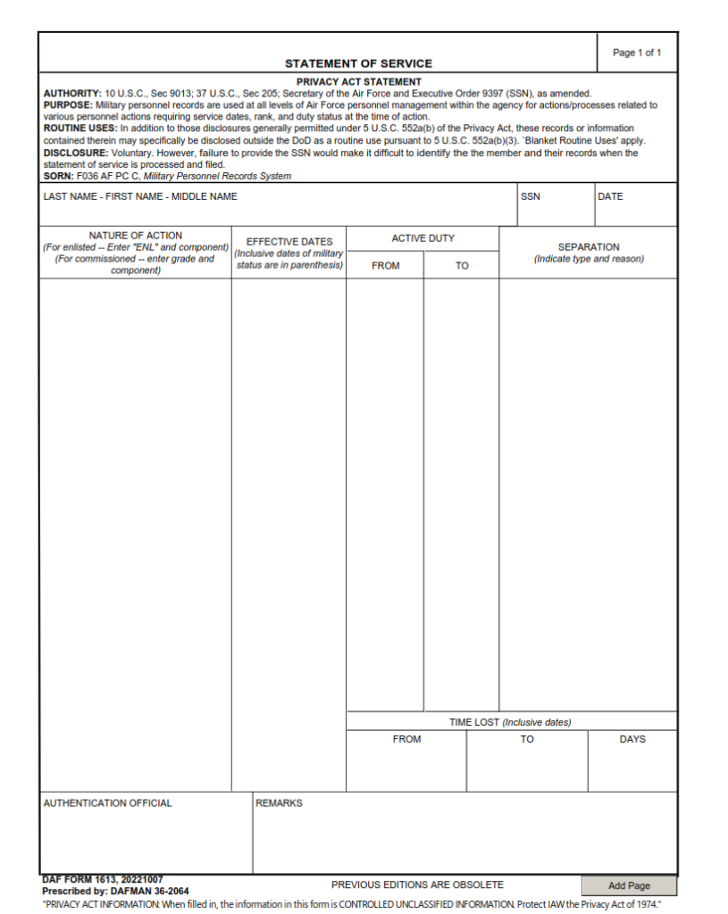 DAF Form 1613 – Statement Of Service | Finder Doc