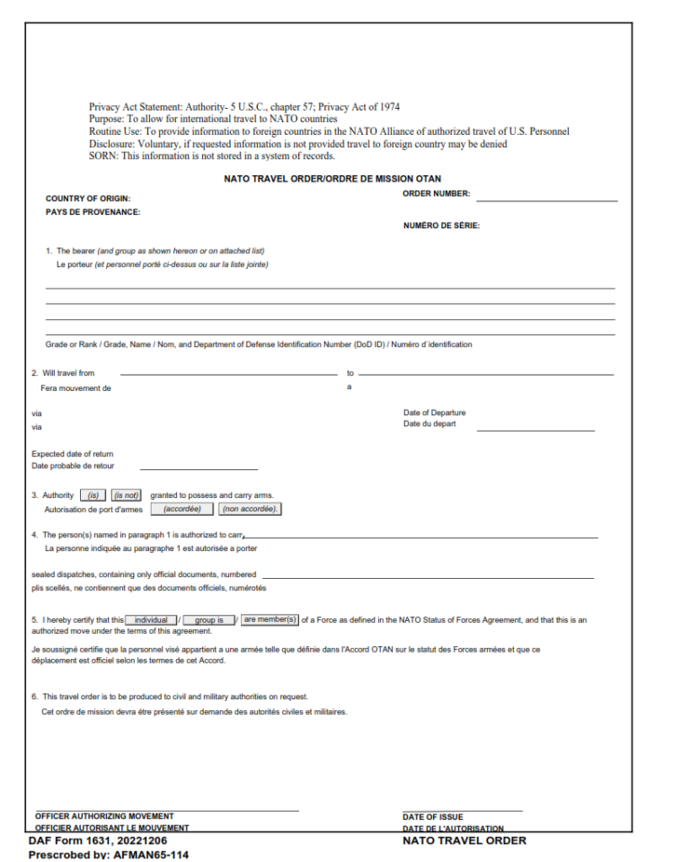 DAF Form 1631 – Nato Travel Order/Ordre De Mission Otan | Finder Doc