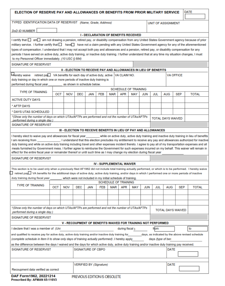 Daf Form 1962 Electronic Reserve Pay And Allowances Or Benefits From Prior Military Service