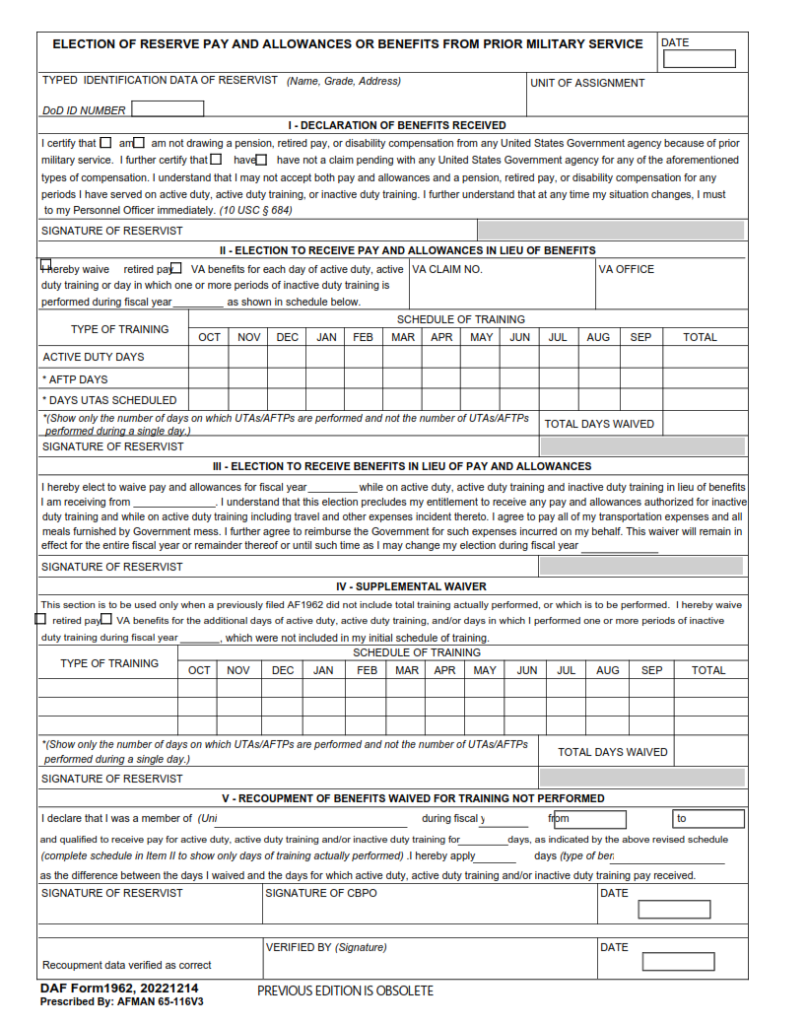 DAF Form 1962 – Electronic Reserve Pay And Allowances Or Benefits From ...