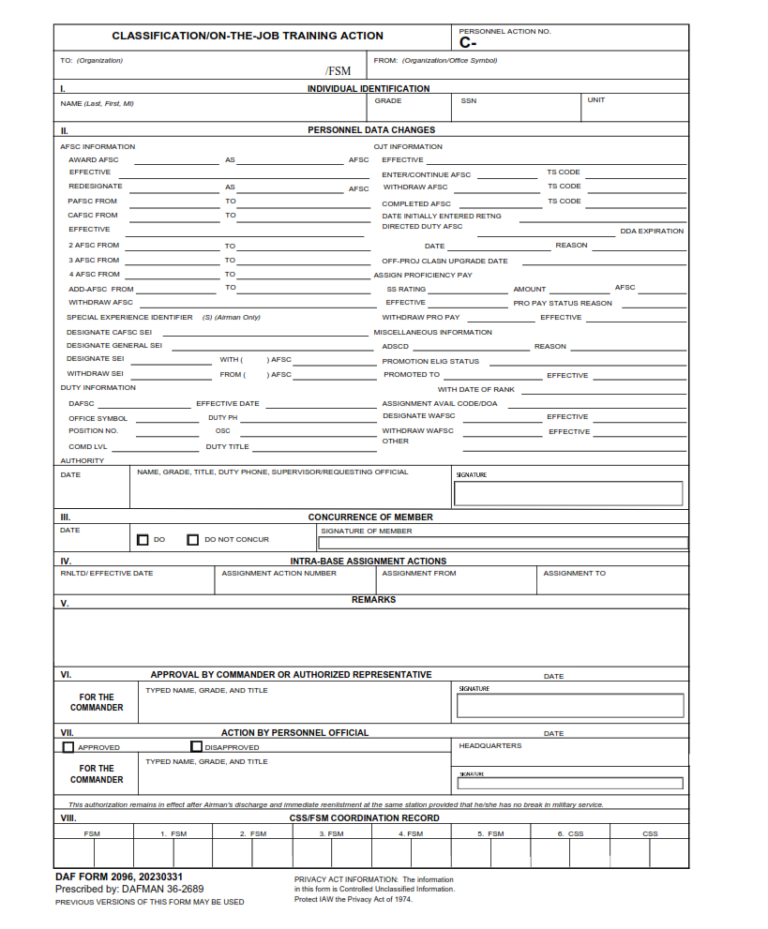 DAF Form 2096 – Classification/On-The-Job-Training Action | Finder Doc