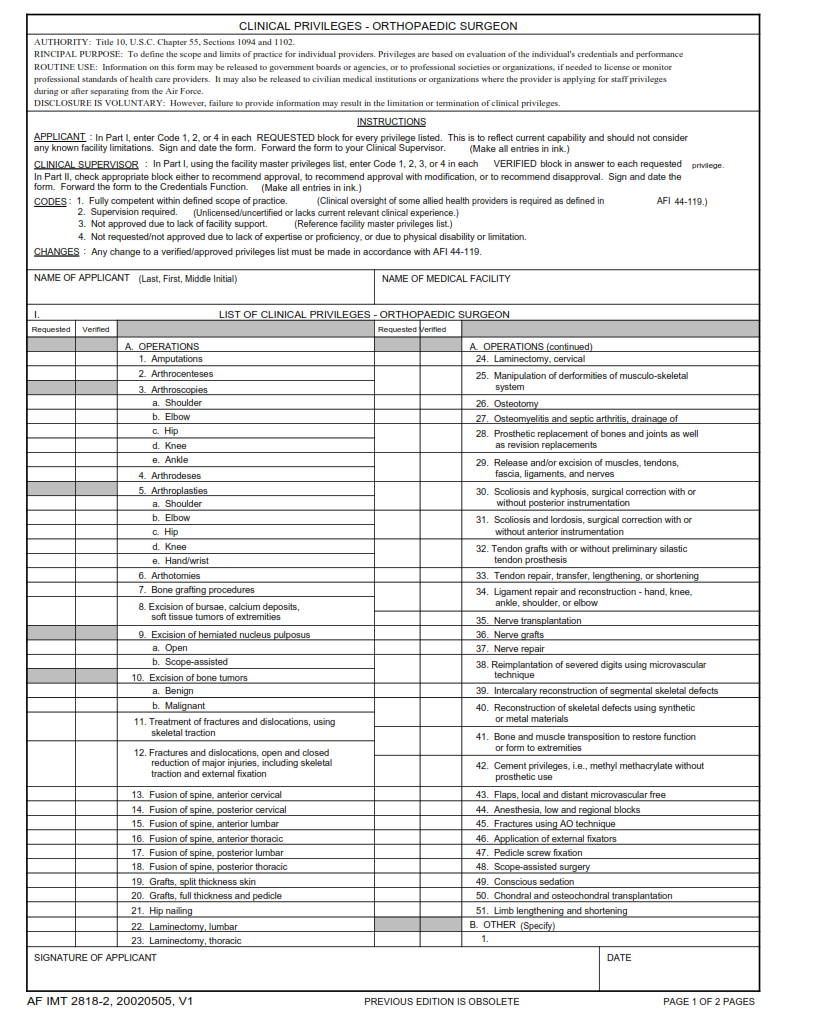 AF Form 2818-2 – Clinical Privileges – Orthopaedic Surgeon | Finder Doc