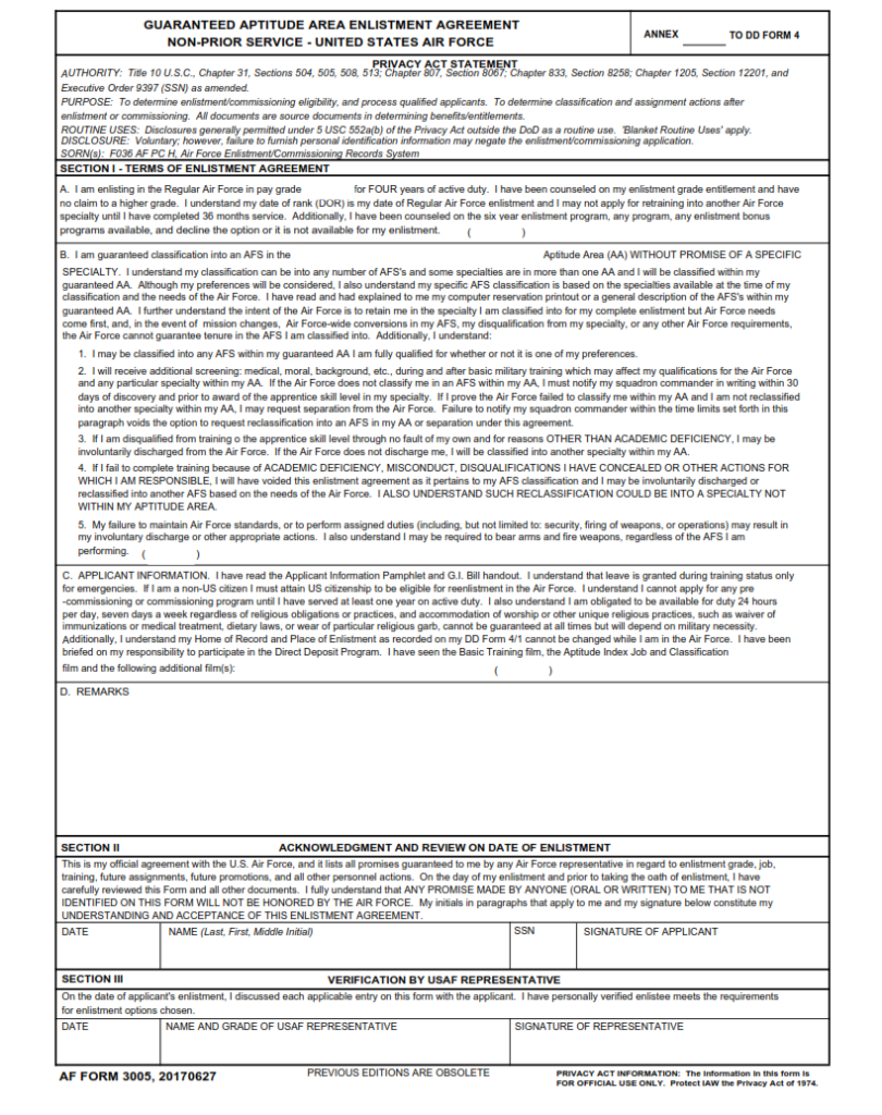 AF Form 3005 Guaranteed Aptitude Area Enlistment AgreementNonPrior