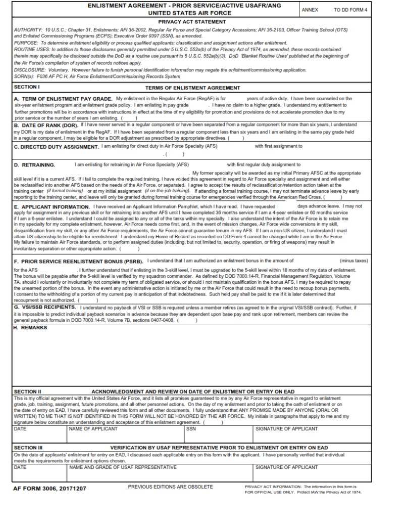 AF Form 3006 – Enlistment Agreement – Prior Service/Active USAFR/ANG ...