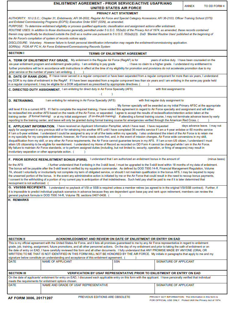 AF Form 3006 - Enlistment Agreement - Prior Service Active USAFR ANG - United States Air Force (AF Form 883, Privacy Act Statement serves.)