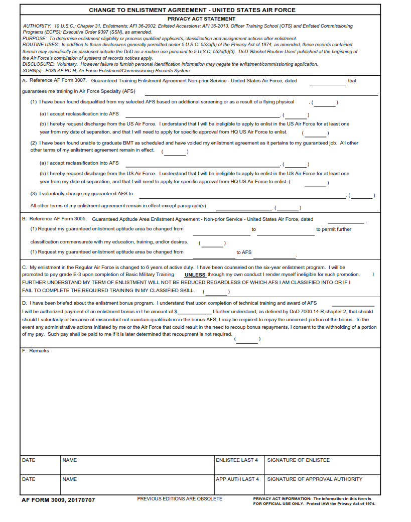 AF Form 3009 - Change To Enlistment Agreement - United States Air Force