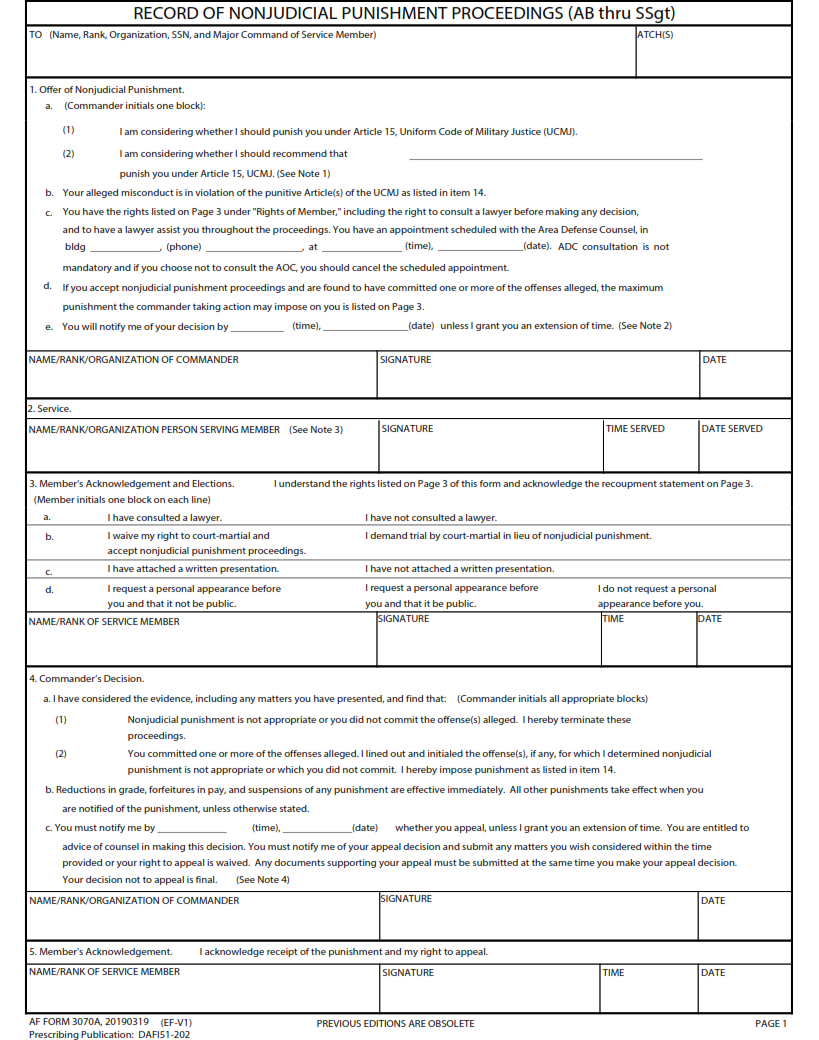 AF Form 3070A - Record Of Nonjudicial Punishment Proceedings (Ab Thru Ssgt) Part 1