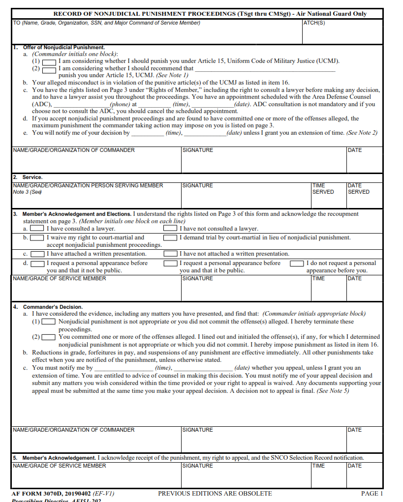 AF Form 3070D - Record Of Nonjudicial Punishment Proceedings (Tsgt Thru Cmsgt) - Air National Guard Only Part 1