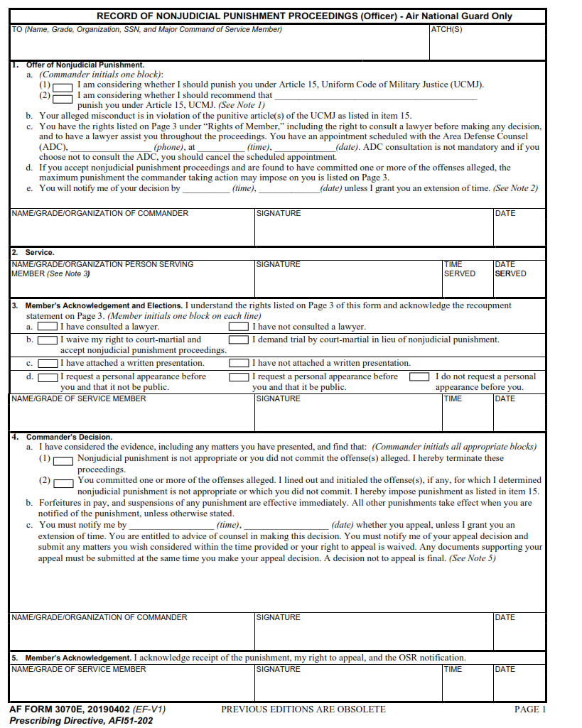 AF Form 3070E - Record Of Nonjudicial Punishment Proceedings (Officer) - Air National Guard Only Part 1